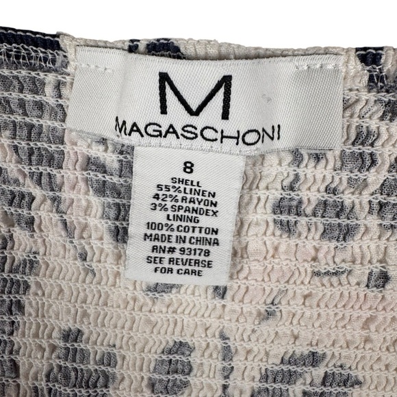 Magaschoni Floral Linen Blend White Navy Blue Sleeveless Midi Dress Size 8 - Picture 7 of 7